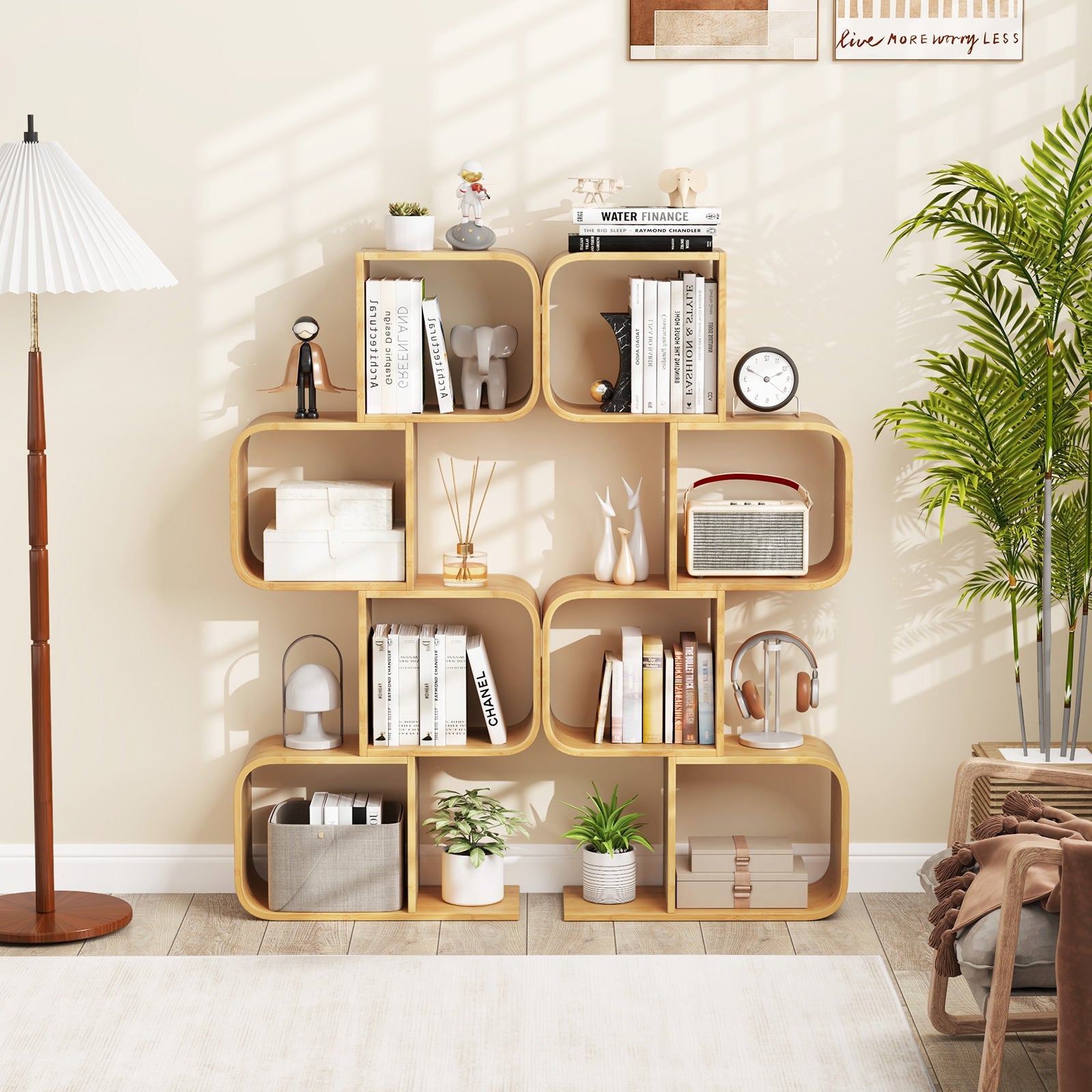 4-Tier S-Shaped Bamboo Bookcase with 4 Open Cubes for Living Room-Natural