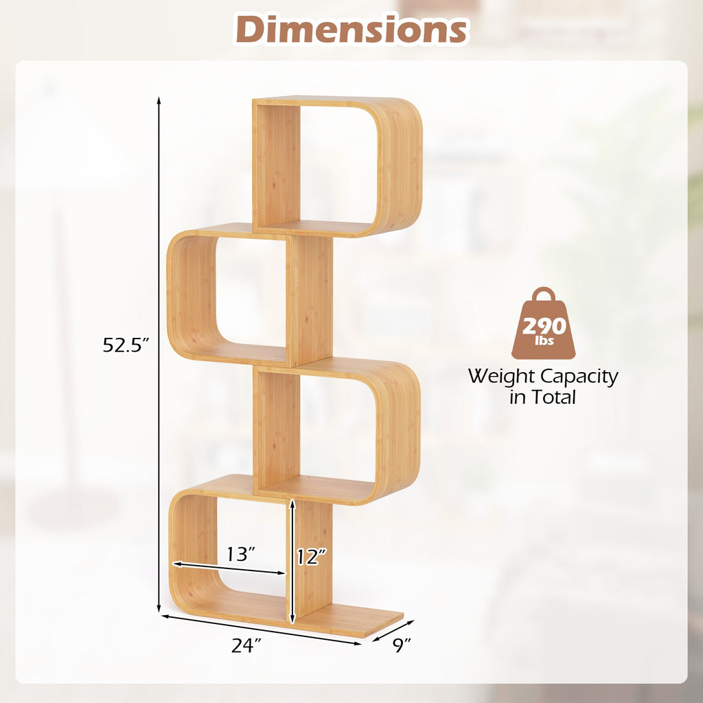 4-Tier S-Shaped Bamboo Bookcase with 4 Open Cubes for Living Room-Natural