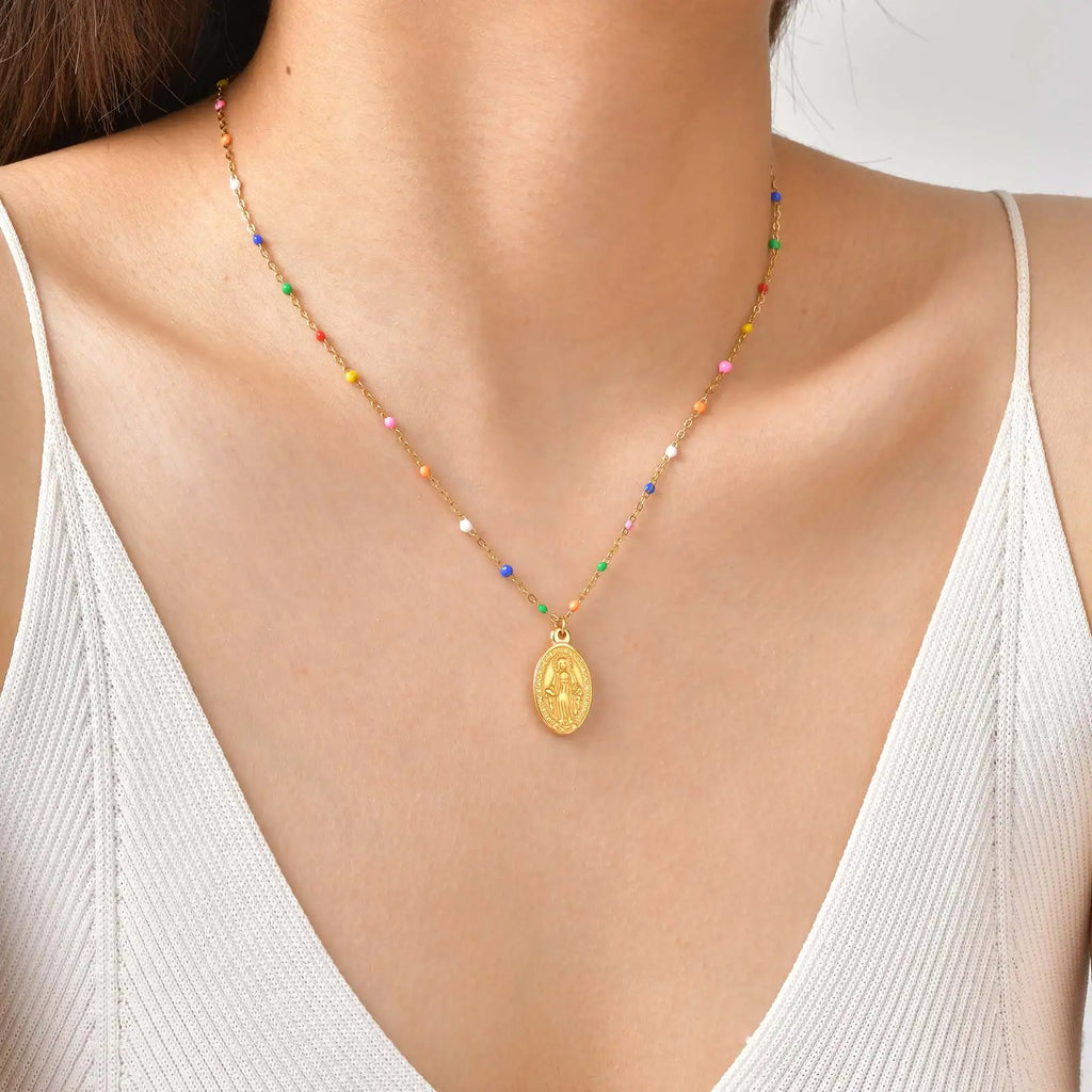 Bohemian Colored Virgin Oval Necklace | Gold Plated Stainless Steel Rosary Jewelry