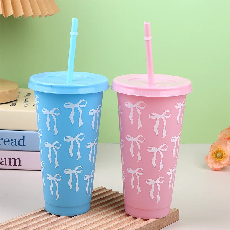 710ml Bow Reusable Party Cups with Straw Lid | Cute Plastic Tumbler for Juice, Coffee, and Tea