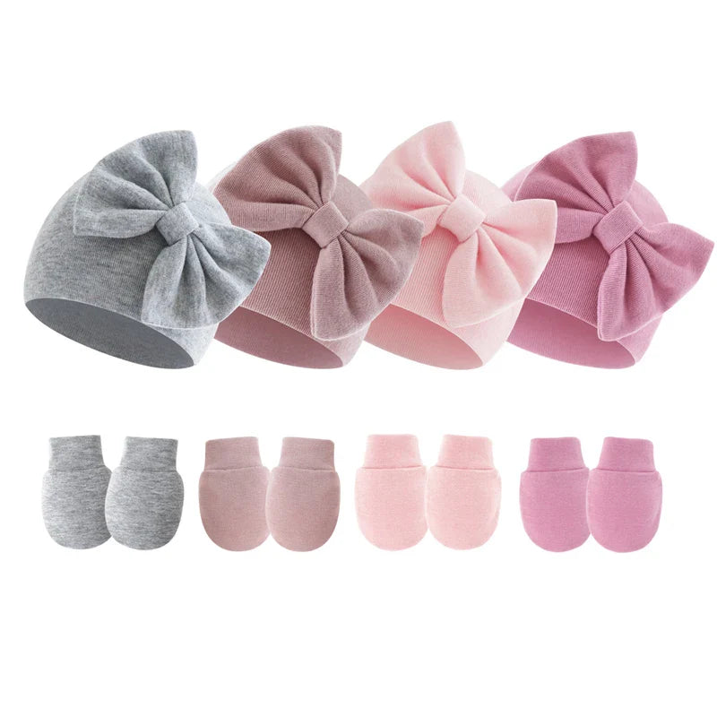 2Pcs Baby Girl Hat and Gloves Set | Newborn Princess Beanie with Big Bow for 0-6 Months