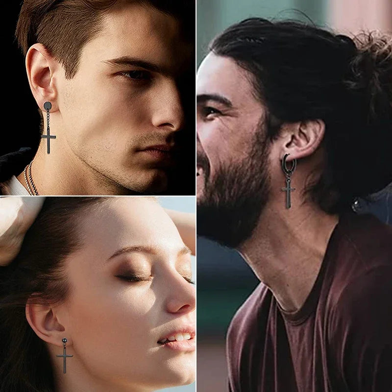 Black Stainless Steel Hoop Earrings with Cross Pendant | Unisex Punk Jewelry