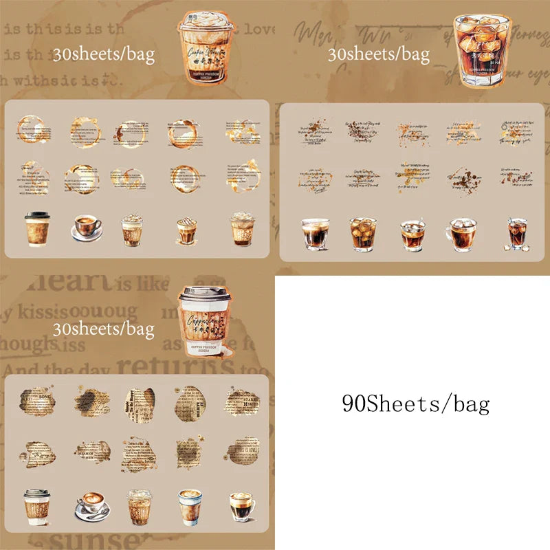Mr Paper 90 Pieces Coffee Freedom Series PET Waterproof Sticker Pack | Creative Scrapbooking and DIY Craft Supplies