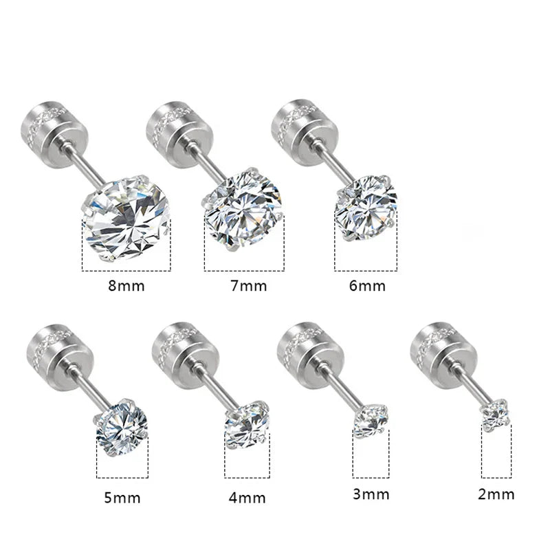 1Pair Stainless Steel Crystals Stud Earrings | Classic Screw-Back Jewelry