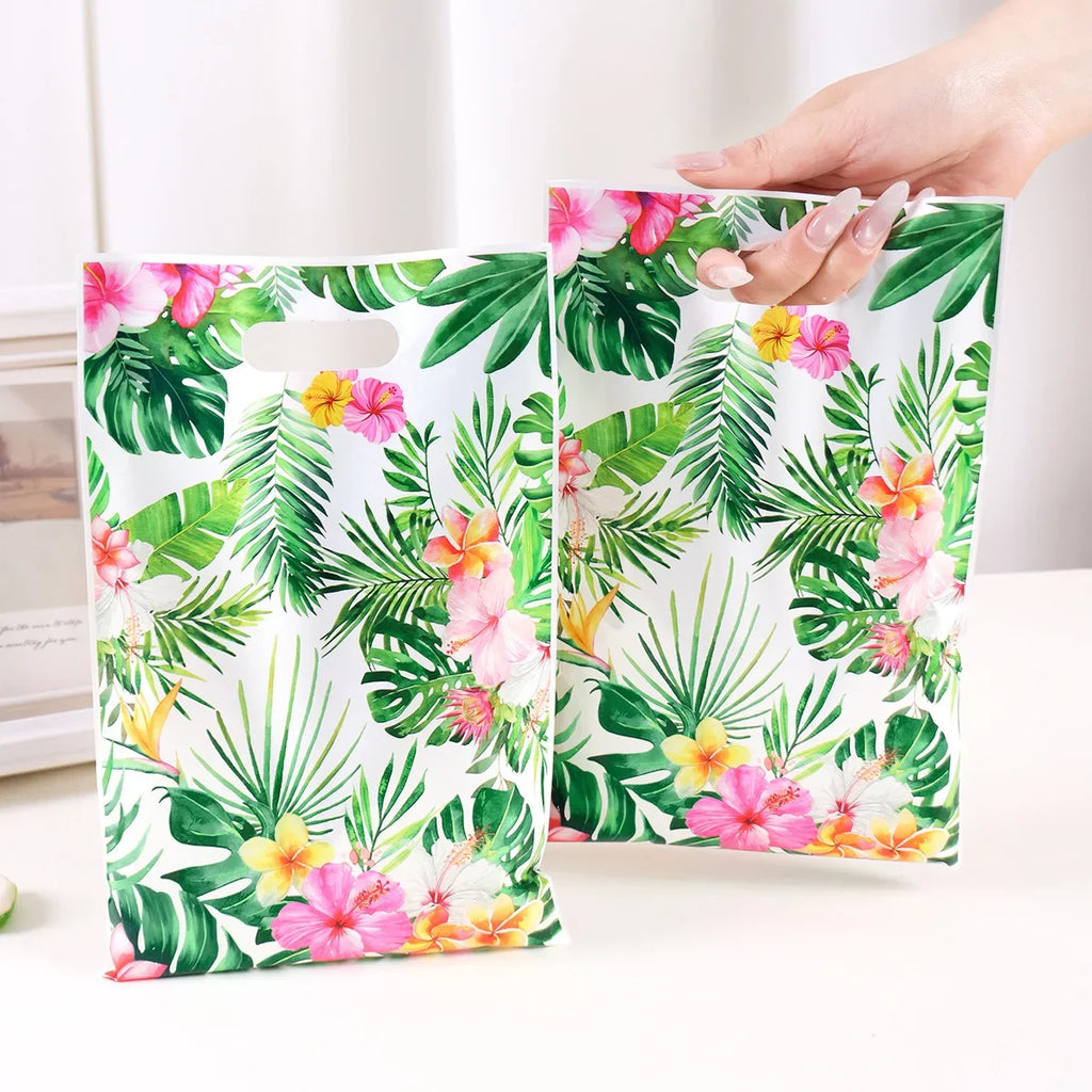 Tropical Hawaiian Party Tablecloth and Flamingo Decor Set | Plastic Table Runner and Candy Bags