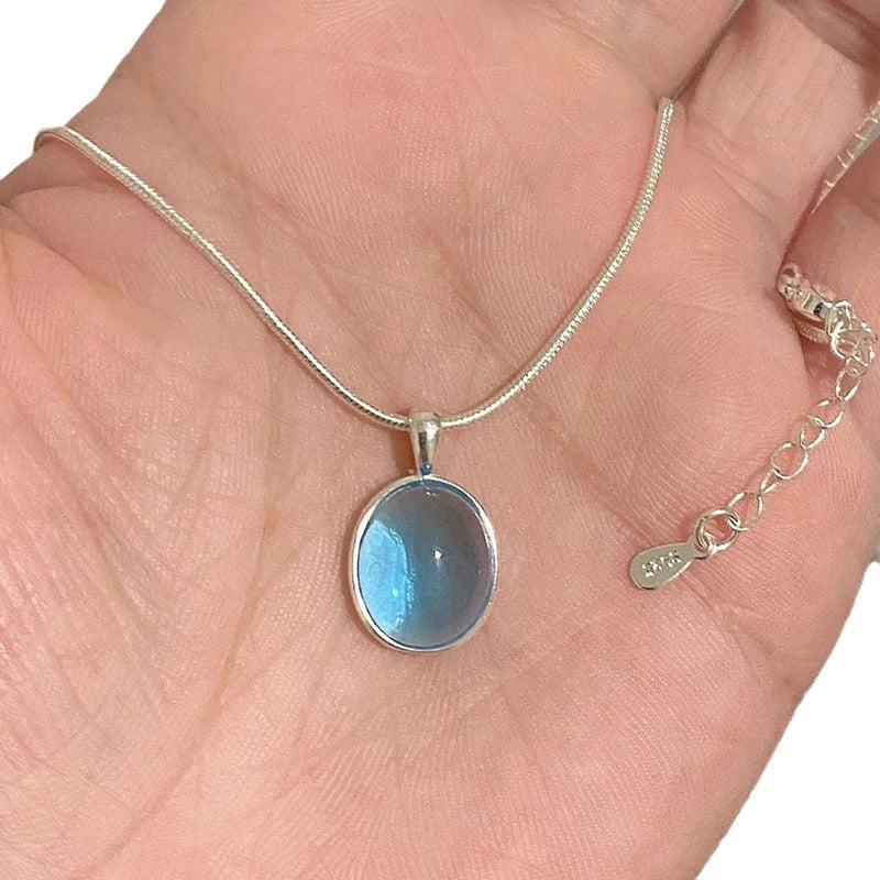 Oval Aquamarine Pendant Necklace | Snake Chain Jewelry for Women