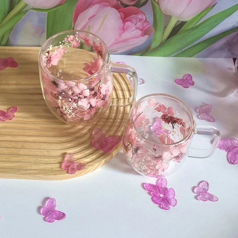 1pc Double-walled Glass Coffee Mug with Real Flower Design | Handcrafted Floral Glassware