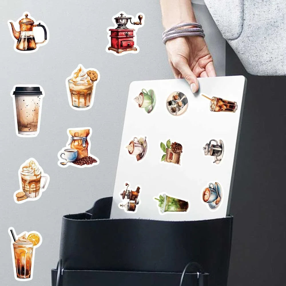 Coffee Lover Cartoon Sticker Pack | 50 Waterproof Decals for Laptop Helmet