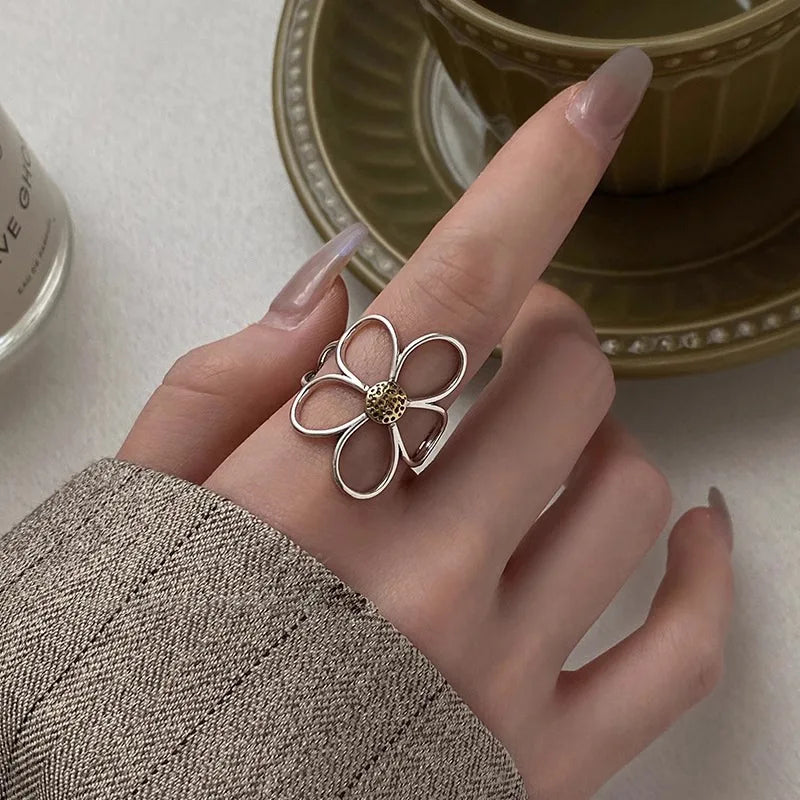 VENTFILLE 925 Sterling Silver Flower Ring | Hollow Out Retro Jewelry for Women