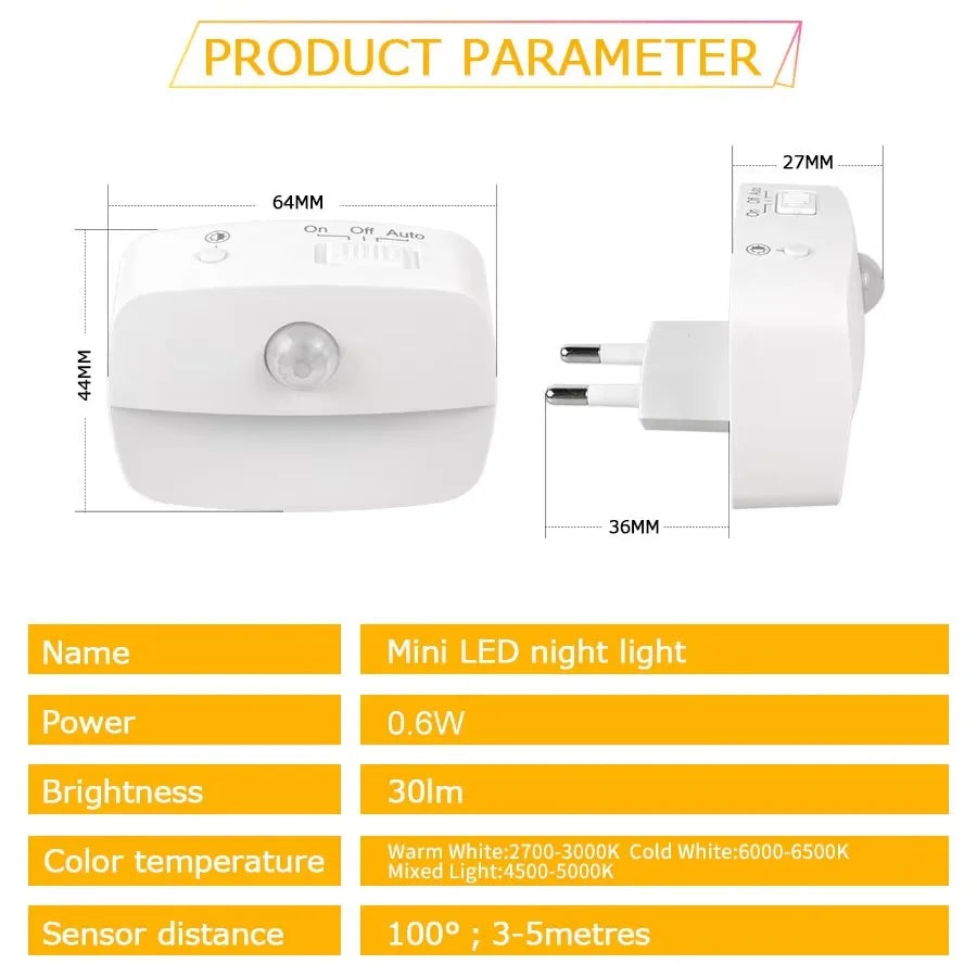 EU Plug Night Light with PIR Sensor | Automatic On/Off LED for Bedroom and Hallway