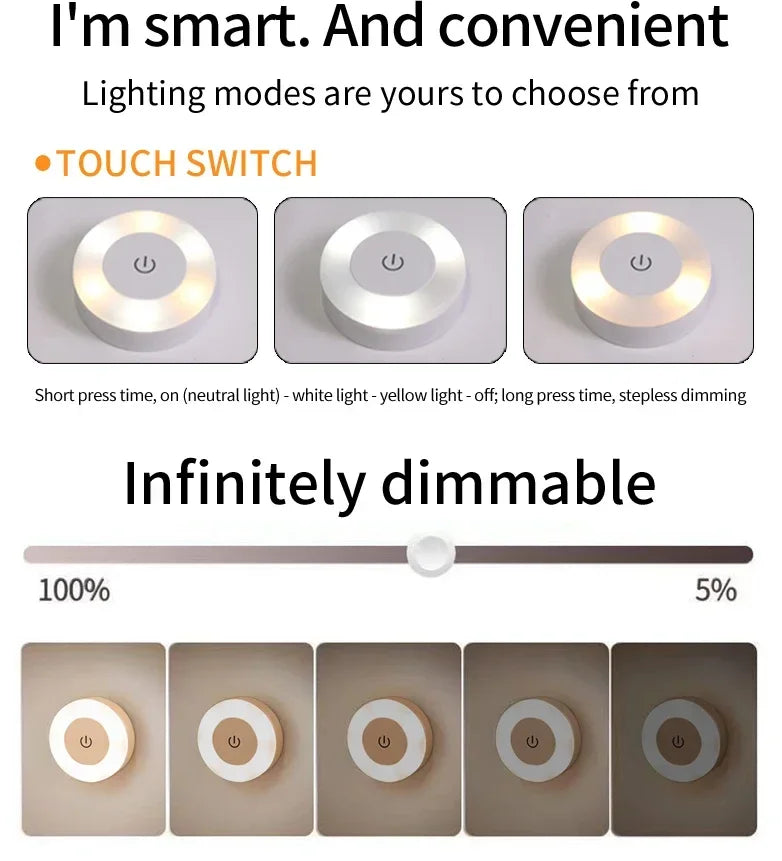 Round Led Wall Lamp | Rechargeable Night Light with Touch Switch, Dimmable, Magnetic Book Light for Bedroom, Cabinet, Closet