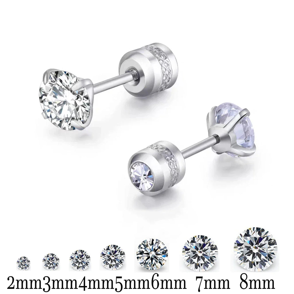 Stainless Steel Titanium Stud Earrings | 4 Color CZ Crystal Screw Back Earrings for Women
