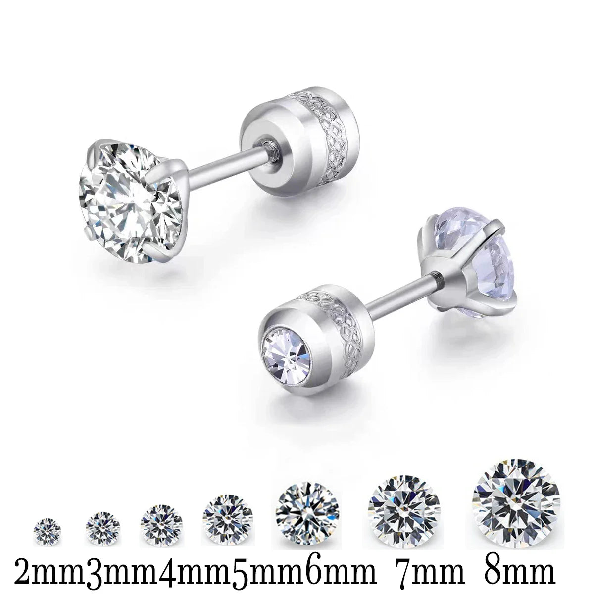 Stainless Steel Titanium Stud Earrings | 4 Color CZ Crystal Screw Back Earrings for Women