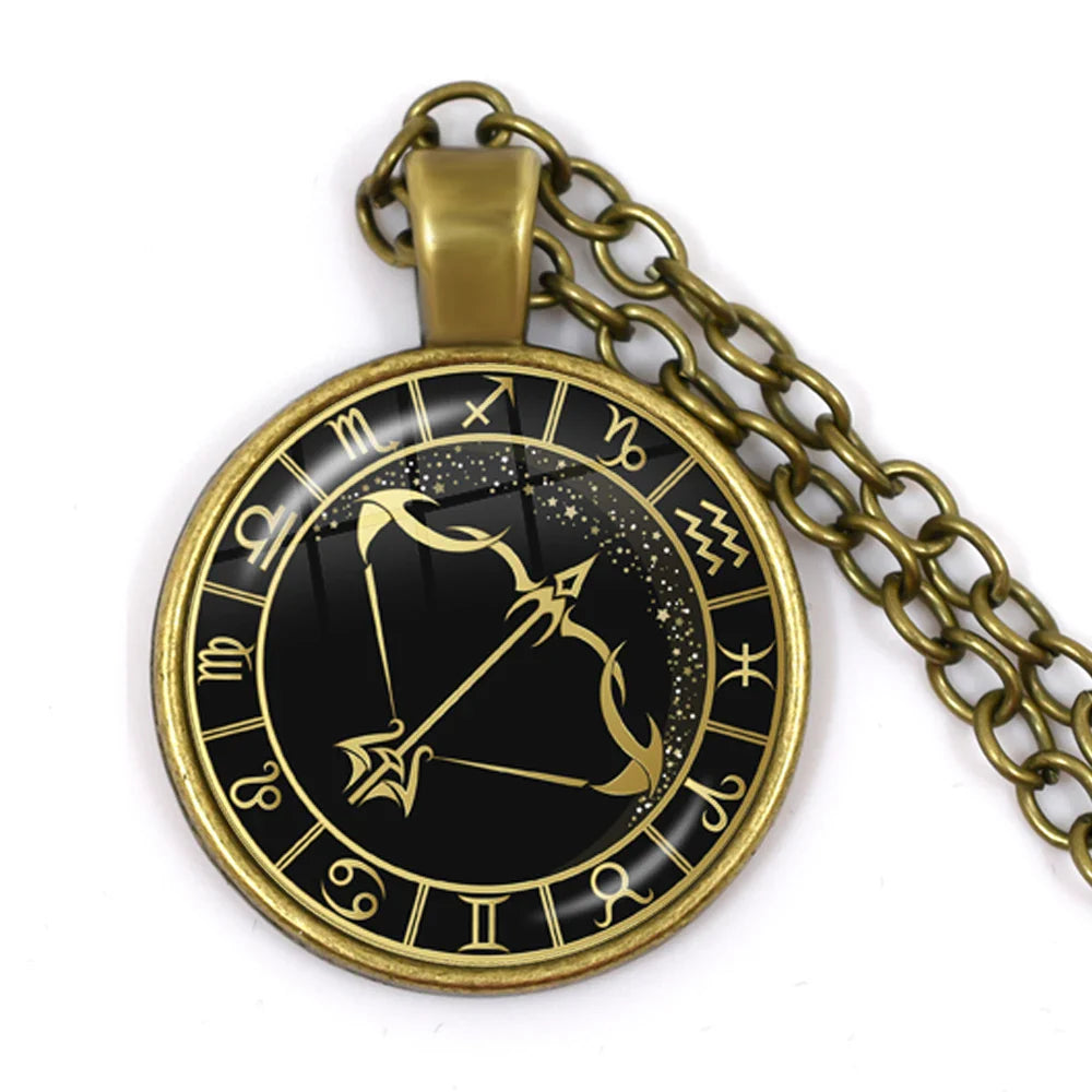 12 Constellation Zodiac Pendant Necklace | Antique Bronze Glass Dome Jewelry