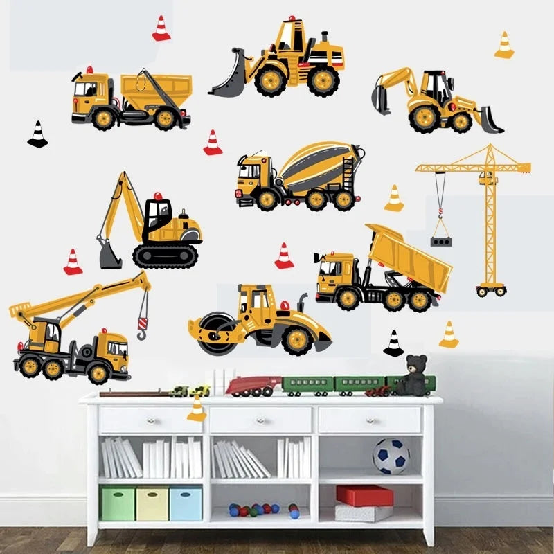 Cartoon Excavator Construction Wall Decals | Baby Boy Nursery Kids Room Stickers