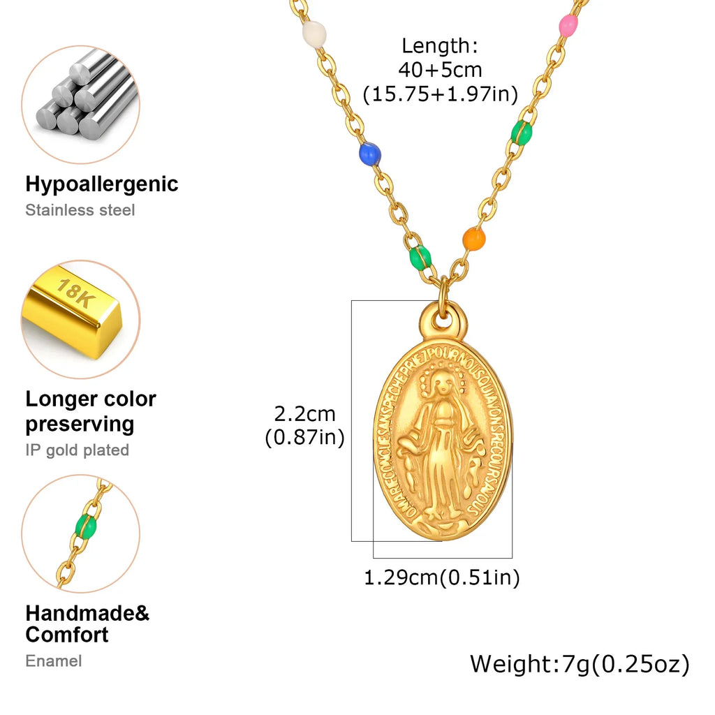 Bohemian Colored Virgin Oval Necklace | Gold Plated Stainless Steel Rosary Chain