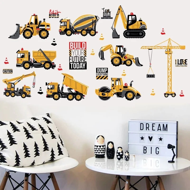 Cartoon Excavator Construction Wall Decals | Baby Boy Nursery Kids Room Stickers