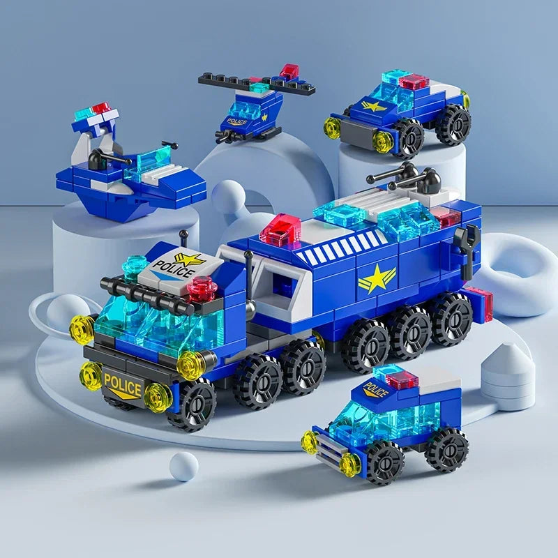 City Fire Car Building Blocks Set | 6-in-1 Police Truck, Engineering Crane, Tank & Helicopter Toys for Kids