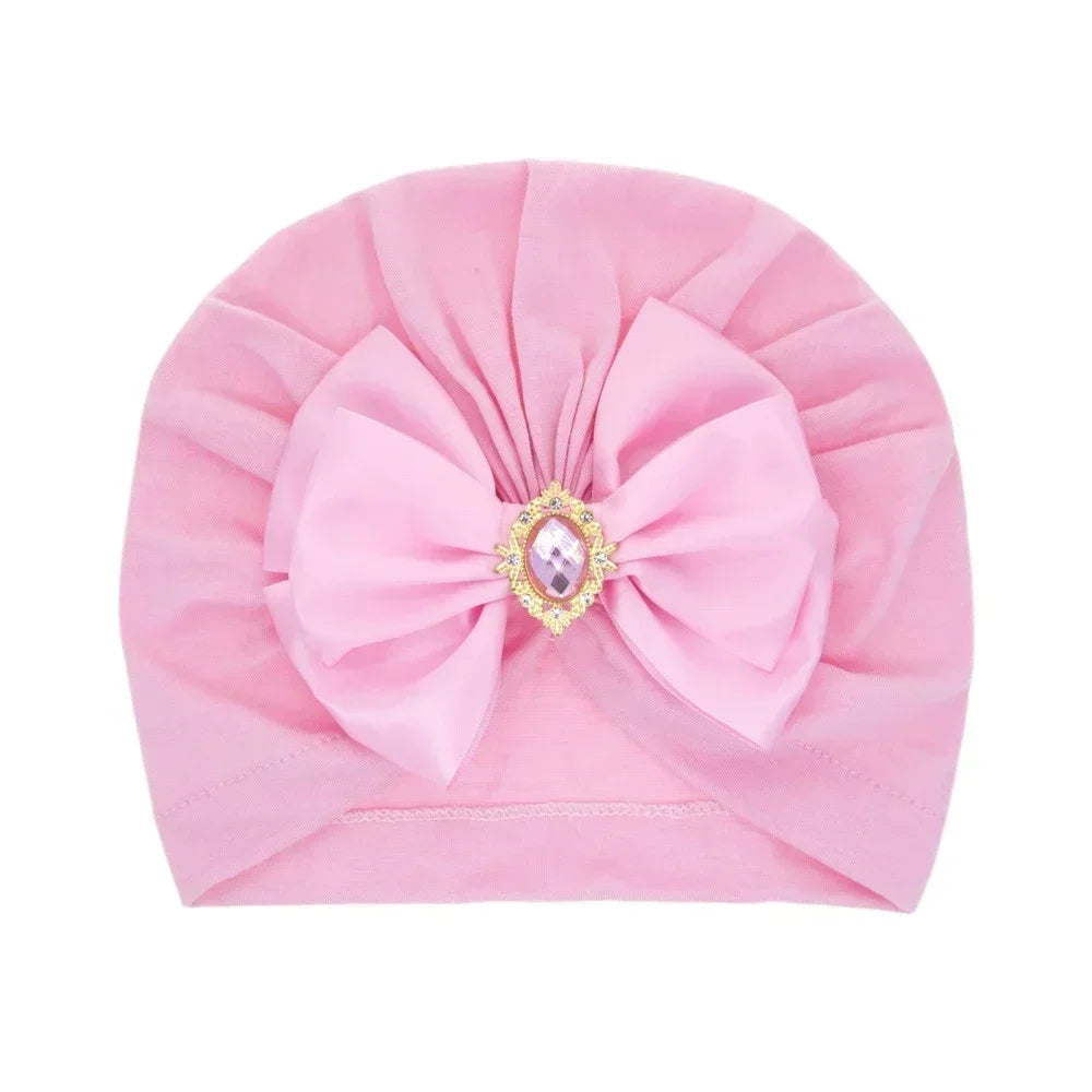 Baby Girl Bowknot Turban Hat with Rhinestone | Soft Knit Headwear for Infants