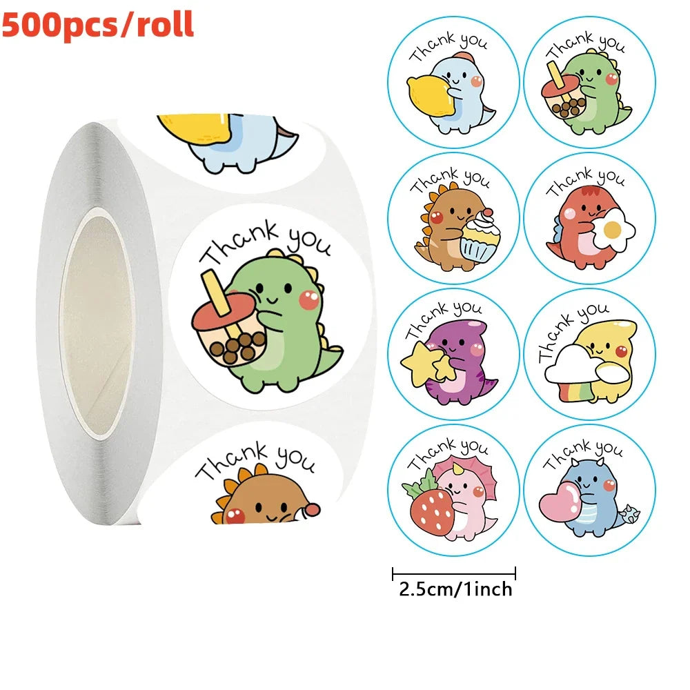 50/100/500pcs Cartoon Dinosaur Thank You Stickers | 1 Inch Round Labels for Packaging, Gifts, and Baking