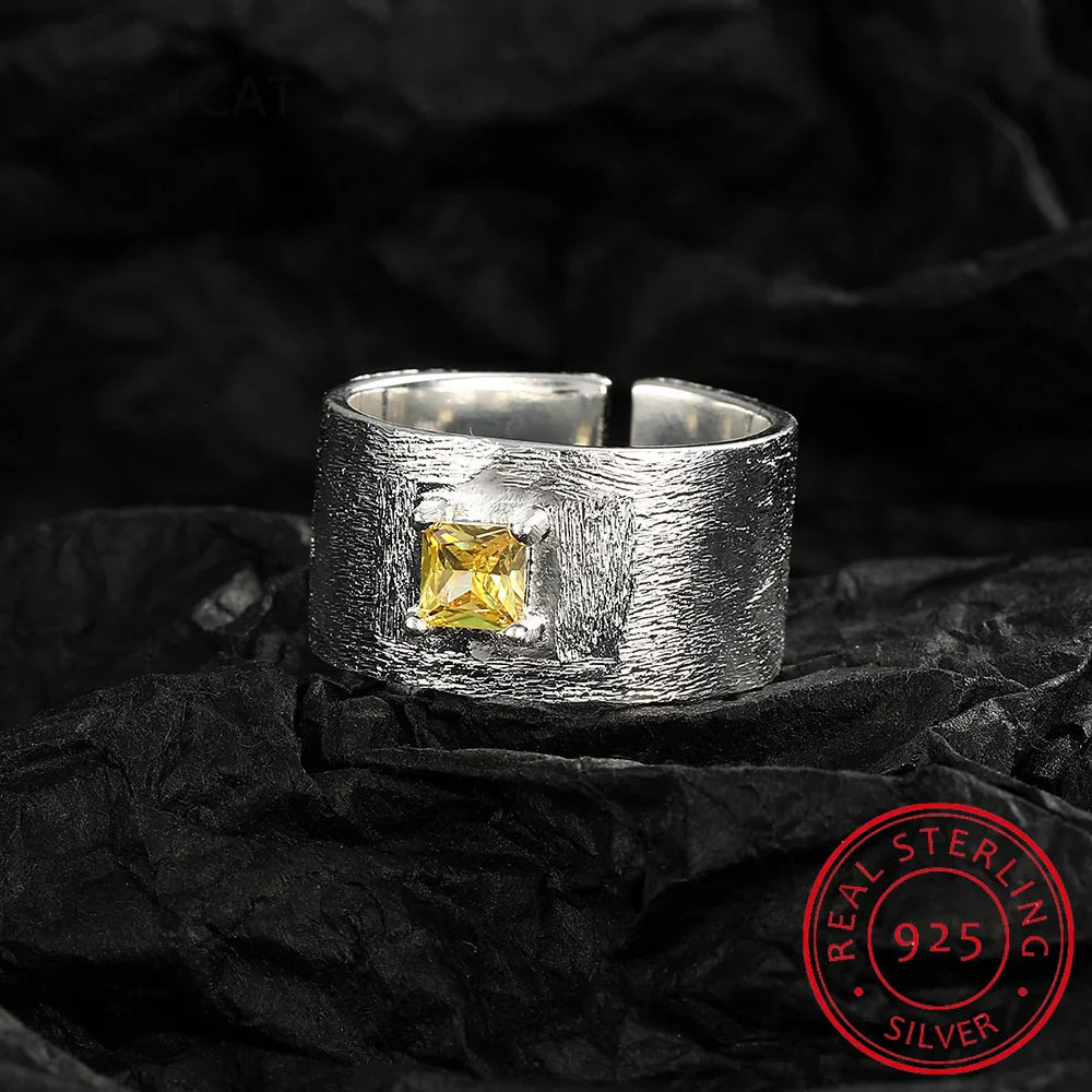 Real 925 Sterling Silver Square Citrine Gemstone Frosted Wide Opening Ring | Women Wedding Party Fine Jewelry