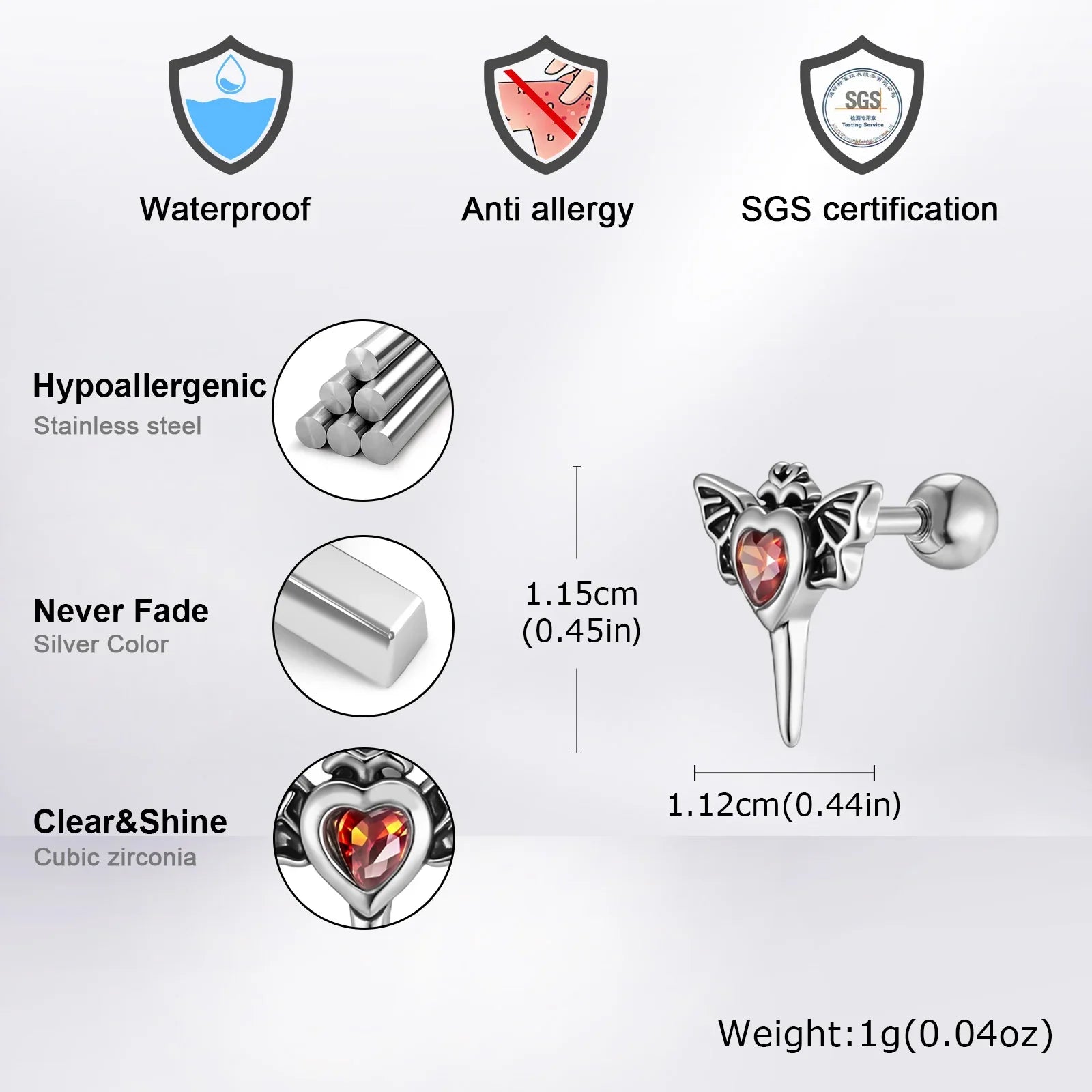 Stainless Steel Heart Zircon Stud Earrings | Vintage Punk Unisex Jewelry