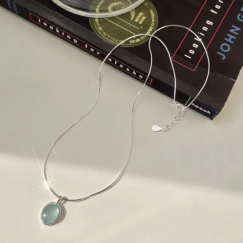Oval Aquamarine Pendant Necklace | Snake Chain Jewelry for Women