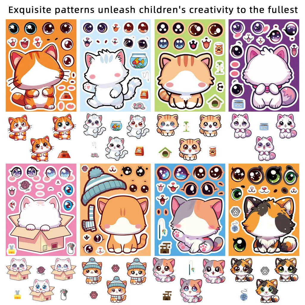 8 Pcs Cute Kitten Dress-Up Stickers | Cartoon Puzzle Toy and Waterproof Decals for Kids