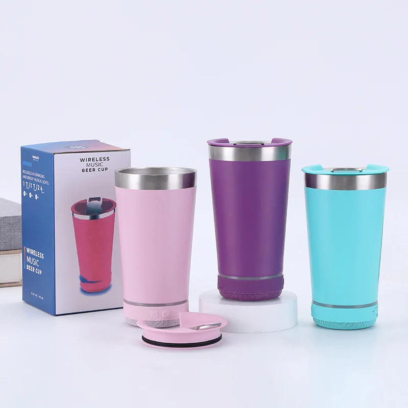 16oz Vacuum Insulated Bluetooth Speaker Beer Cup Tumbler | Stainless Steel Mug Gift