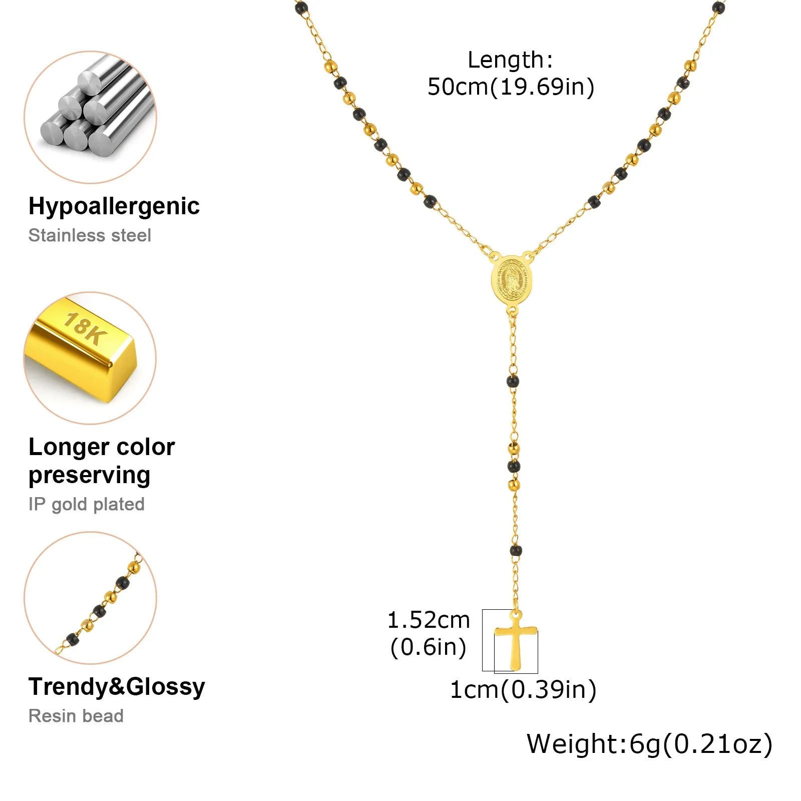 Colored Bead Y-Shaped Cross Necklace | Stainless Steel Catholic Rosary Jewelry for Women