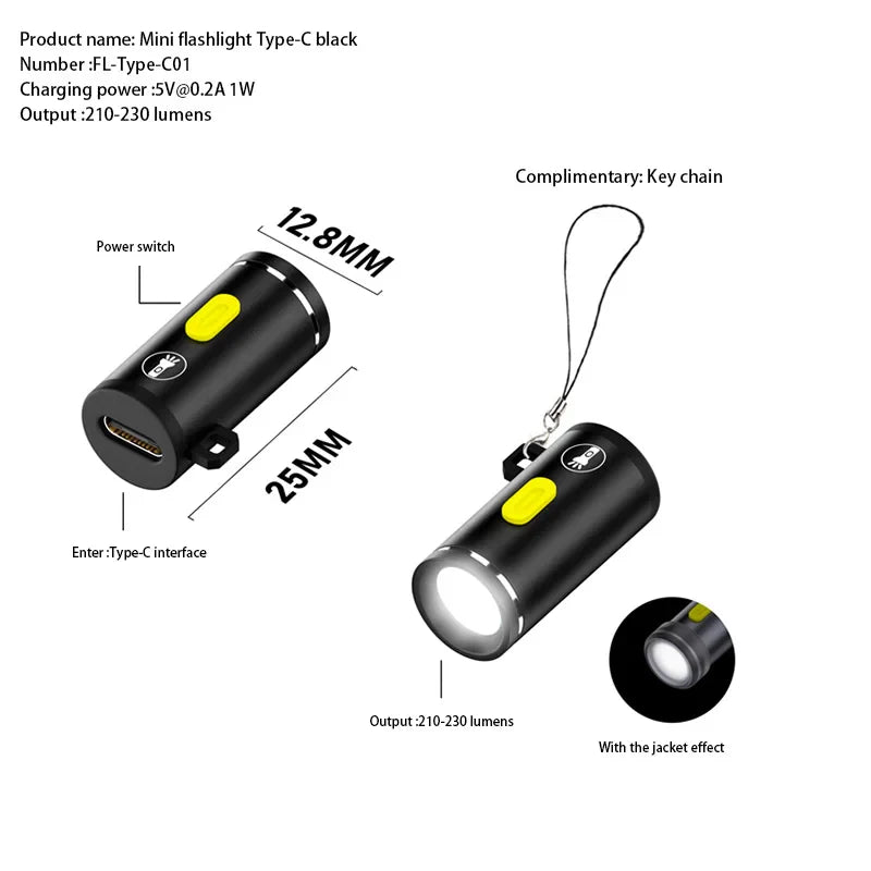 Mini High Brightness LED Flashlight | Type C Rechargeable Travel Torch