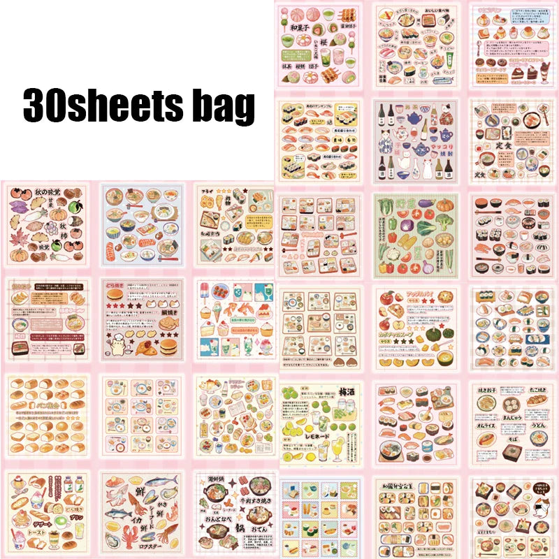 30pcs Japanese Vintage Food Theme Die-Cut Sticker Set | DIY Scrapbooking and Journaling Kit
