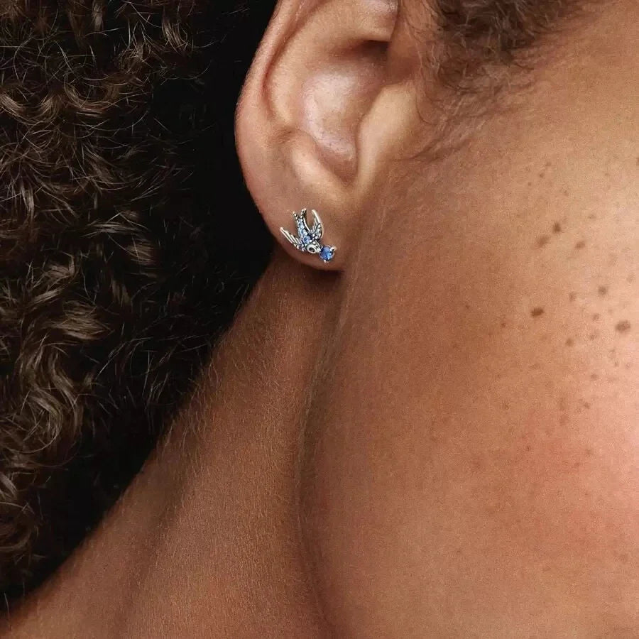 Double Hoop Swallow Sunflower Stud Earrings | 925 Sterling Silver Fine Jewelry Gift for Women