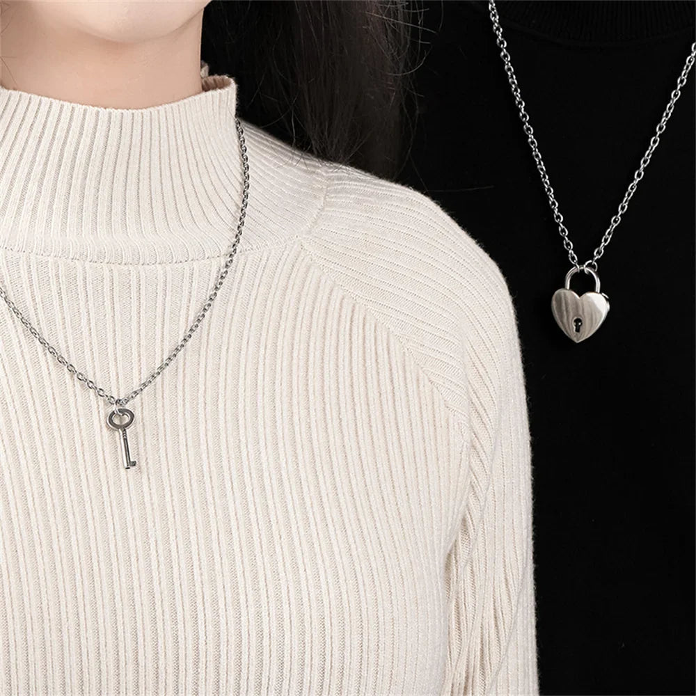Romantic Couple Key and Heart Pendant Necklace Set | Stainless Steel Lovers Jewelry Gift