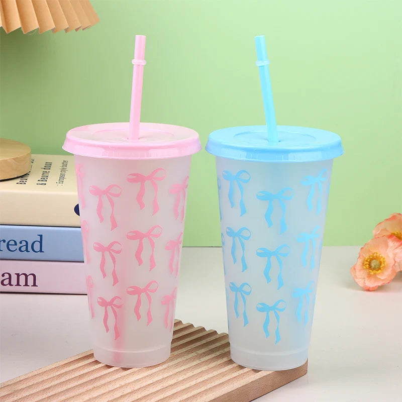 710ml Bow Reusable Party Cups with Straw Lid | Cute Plastic Tumbler for Juice, Coffee, and Tea