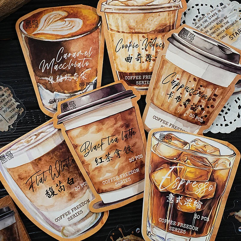 Mr Paper 90 Pieces Coffee Freedom Series PET Waterproof Sticker Pack | Creative Scrapbooking and DIY Craft Supplies