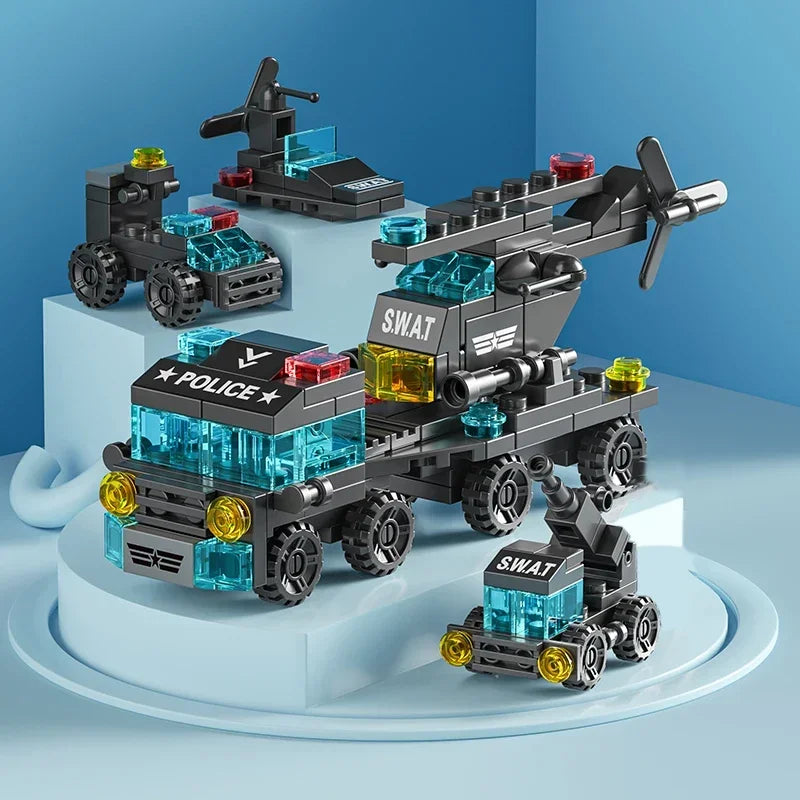 City Fire Car Building Blocks Set | 6-in-1 Police Truck, Engineering Crane, Tank & Helicopter Toys for Kids