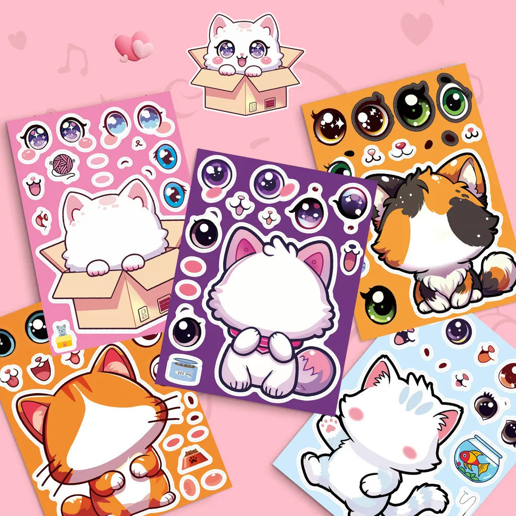 8 Pcs Cute Kitten Dress-Up Stickers for Kids | Cartoon Puzzle Toy and Waterproof Notebook Decor