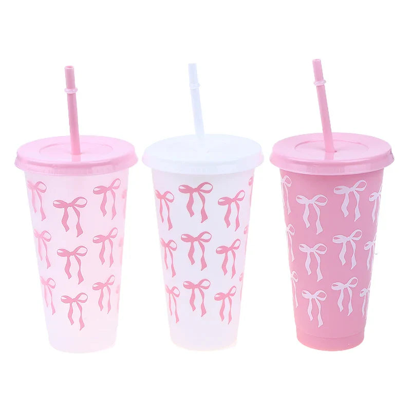 710ml Bow Reusable Party Cups with Straw Lid | Cute Plastic Tumbler for Juice, Coffee, and Tea