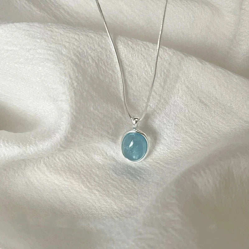 Oval Aquamarine Pendant Necklace | Snake Chain Jewelry for Women