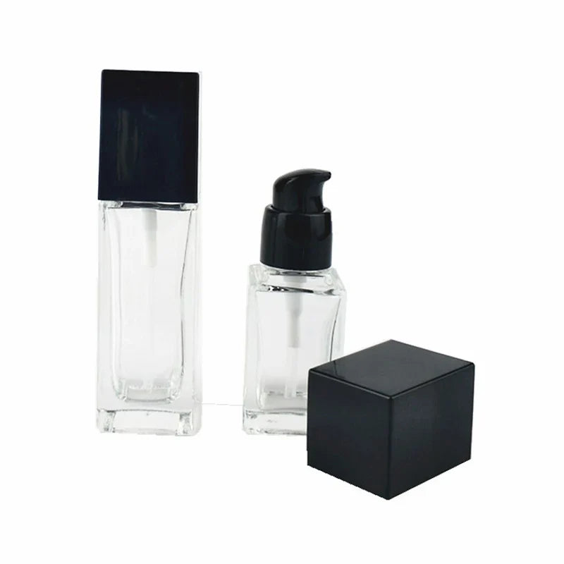 15/30ml Empty Pump Bottle Glass Liquid Foundation Container | Transparent Square Refillable Travel Bottle