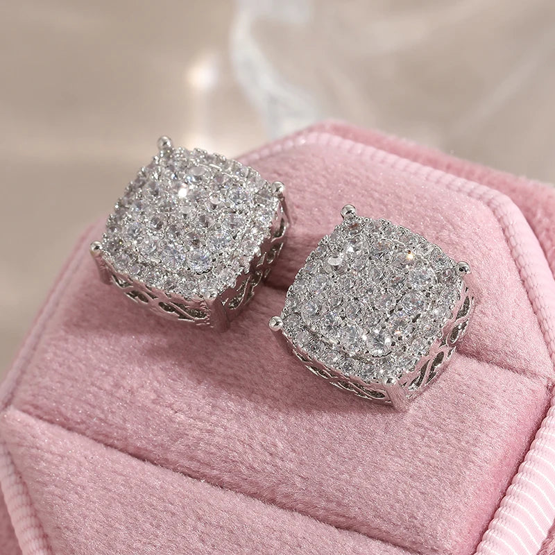Square Cubic Zirconia Stud Earrings | Vintage Style for Women and Men