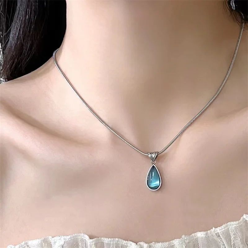 Oval Aquamarine Pendant Necklace | Snake Chain Jewelry for Women