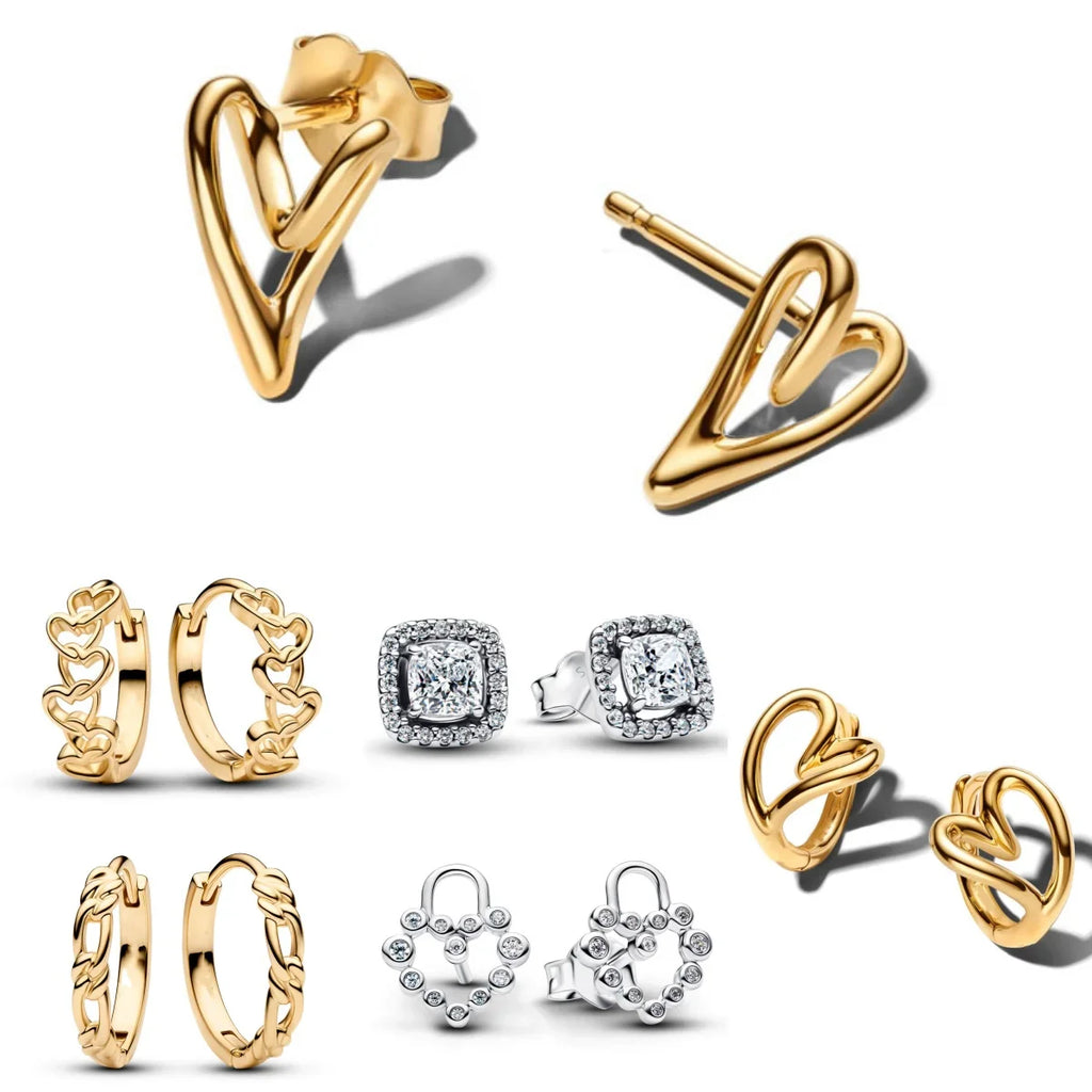 Crystal Stud Hoop Earrings for Women | 925 Silver Bow Lock Moon Star Gold Heart Earrings