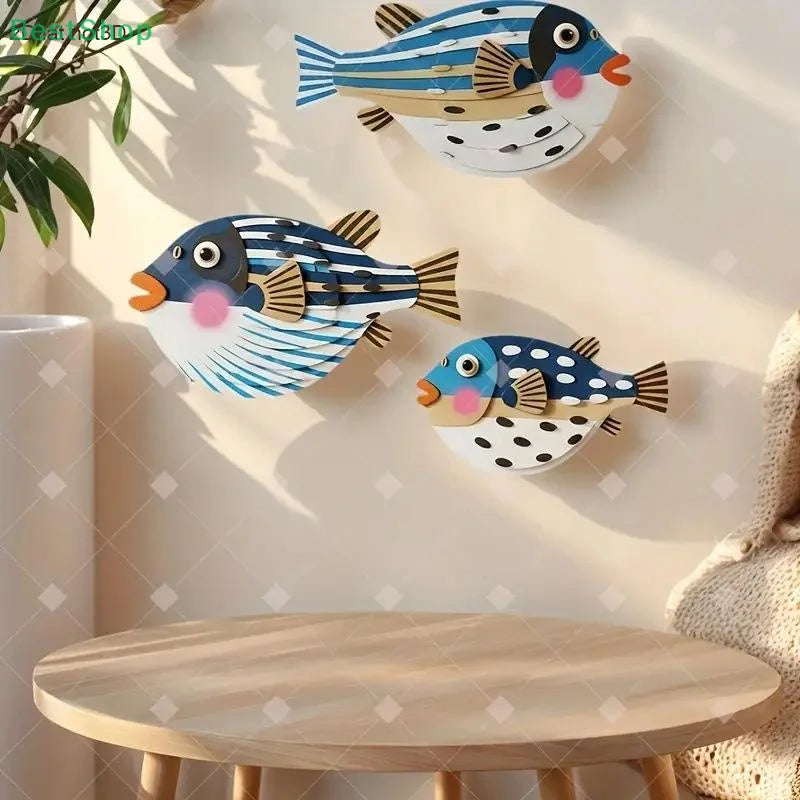 Three Fish Wall Hanging Decoration | Wooden Ocean Art for Living Room