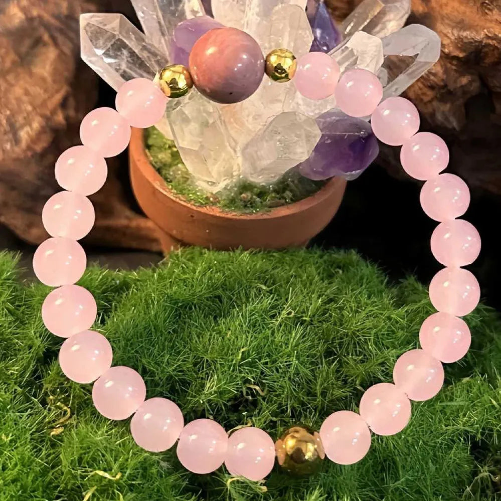 Natural Stone Pink Quartz and Rhodonite Bead Bracelet | Handmade Stretch Bracelet for Women