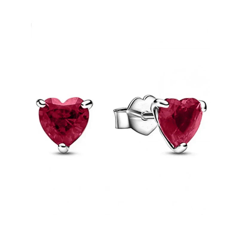 925 Silver Heart Stud Earrings | Pink Red Multi-Color Crystal Jewelry