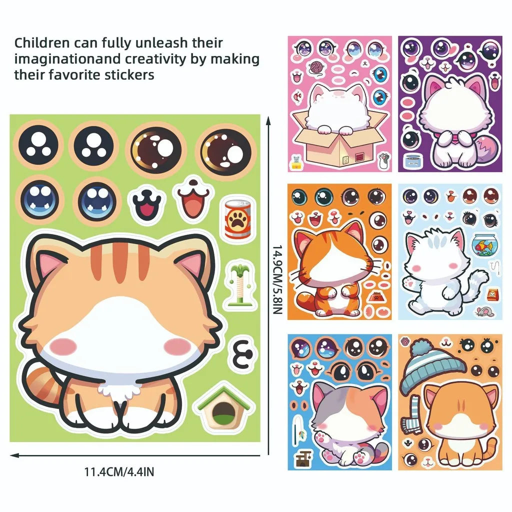 8 Pcs Cute Kitten Dress-Up Stickers | Cartoon Puzzle Toy and Waterproof Decals for Kids