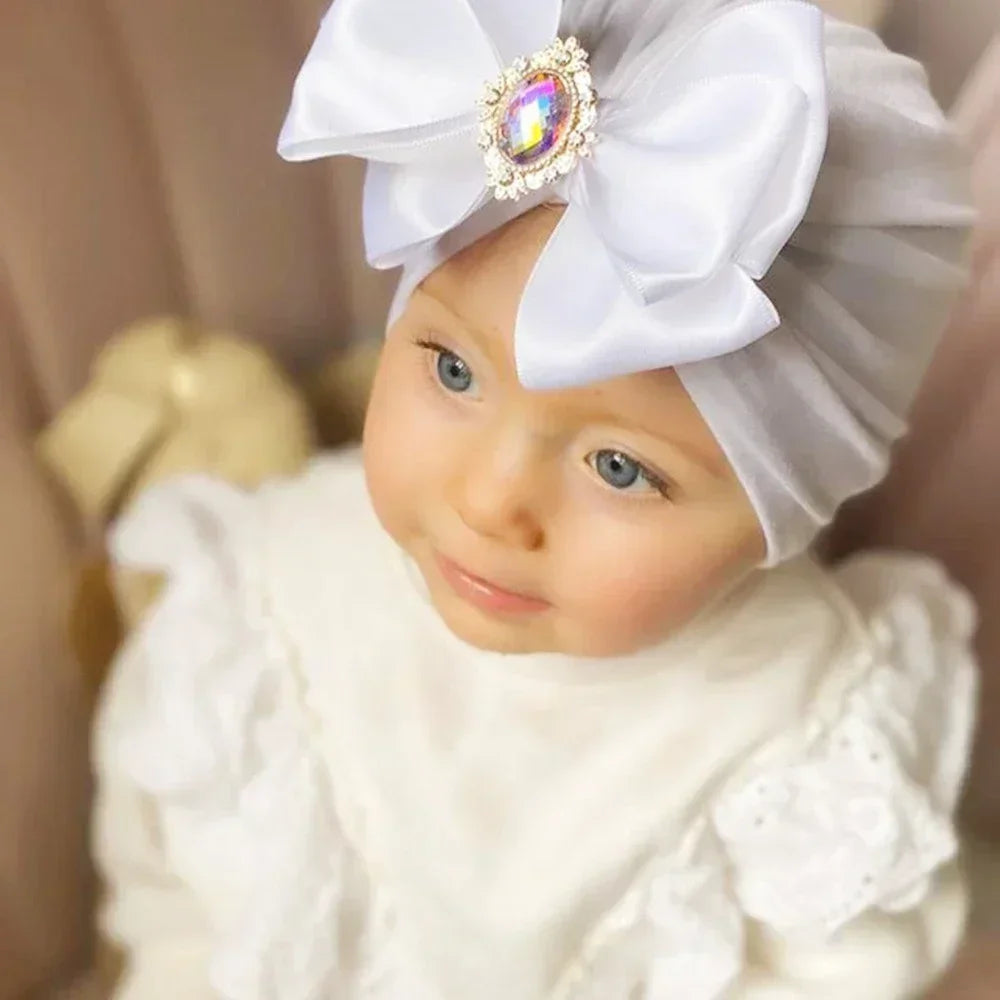 Baby Girl Bowknot Turban Hat with Rhinestone | Soft Knit Headwear for Infants