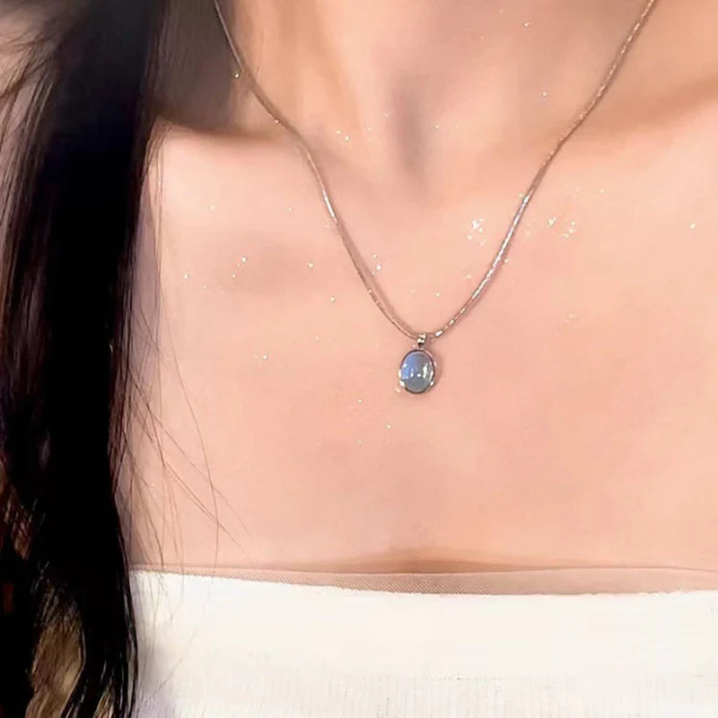 Oval Aquamarine Pendant Necklace | Snake Chain Jewelry for Women